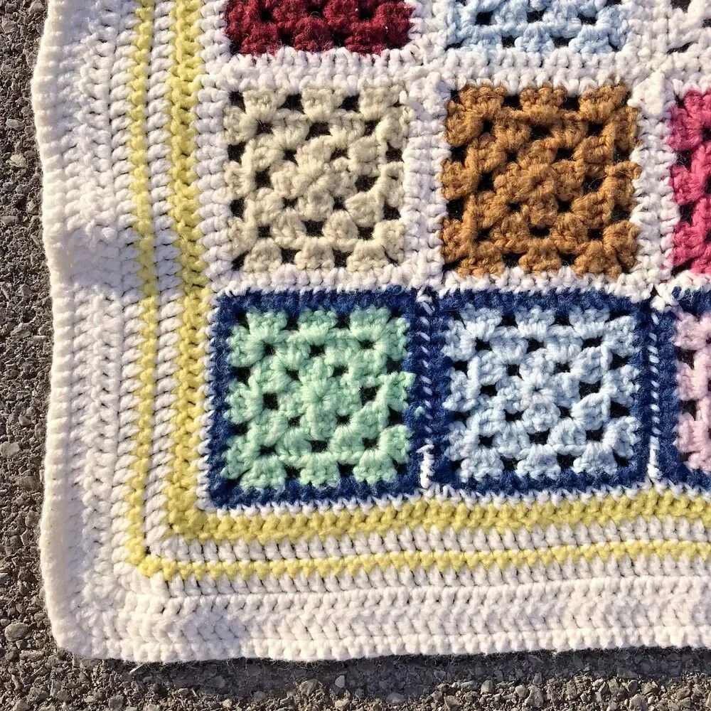 Vintage Granny Square Crochet Knit Afghan Throw Blanket Multicolor Border 4x4 ft - Picture 10 of 11